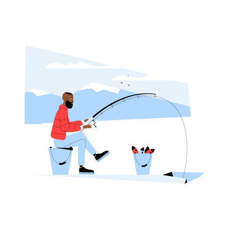 Man Ice Fishing On Frozen Lake With Rod And Bucket In Flat Vector Illustration Symbolizing Winter Recreation And Outdoor Adventure, Isolated On White Backgroundのイラスト素材