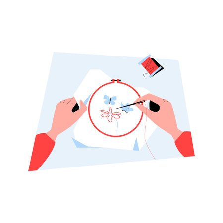 Close Up Hands Embroidering Floral Pattern On Fabric In Flat Vector Illustration Symbolizing Craftsmanship, Creativity, And Patience, Isolated On White Background.のイラスト素材