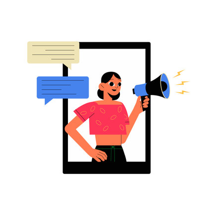 Young Woman Announcing Through Megaphone on Social Media in Flat Vector Illustration Symbolizing Digital Marketing, Communication, and Influence, Isolated on White Backgroundのイラスト素材