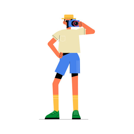 Male Photographer Taking Picture In Flat Vector Illustration Symbolizing Photography, Travel, And...