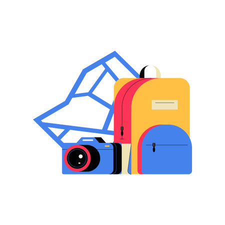 Backpack, Camera, And Map In Flat Vector Illustration Symbolizing Travel, Exploration, And...