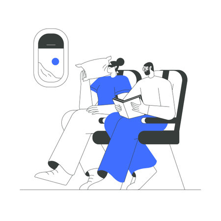 Couple Seated On Airplane With One Reading And Another Resting In Flat Vector Illustration Symbolizing Air Travel, Relaxation, And Comfort, Isolated On White Background.のイラスト素材
