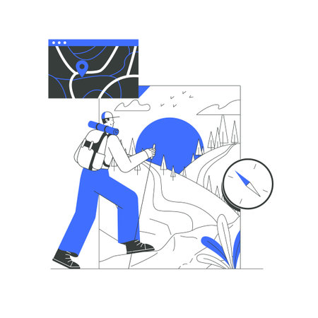 Male Hiker With Backpack Exploring A Mountain Trail In Flat Vector Illustration Symbolizing...