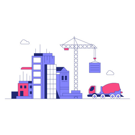 Urban Construction Scene With Buildings, Crane, And Cement Mixer In Flat Vector Illustration Symbolizing Development, Growth, And Infrastructure, Isolated On White Background.のイラスト素材