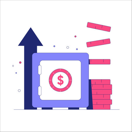 Safe With Money Coins And Arrow In Flat Vector Illustration Symbolizing Banking, Investment Growth, And Savings, Isolated On White Background.のイラスト素材
