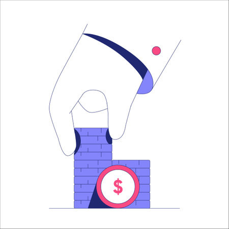 Hand Stacking Coins With A Dollar Icon In Flat Vector Illustration Symbolizing Savings, Investment, And Financial Planning, Isolated On White Backgroundのイラスト素材