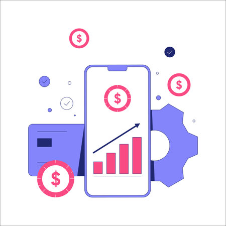 Smartphone Displaying Financial Growth Chart With Dollar Symbols In Flat Vector Illustration Symbolizing Investment, Profit, And Digital Banking, Isolated On White Background.のイラスト素材