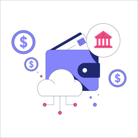 Digital Wallet With Bank Icon And Dollar Coins In Flat Vector Illustration Symbolizing Online Banking, Cloud Storage, And Financial Management, Isolated On White Background.のイラスト素材