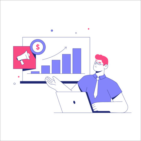 Male Marketing Specialist With Laptop And Bar Graphs In Flat Vector Illustration Symbolizing Marketing, Growth, And Analytics, Isolated On White Background.のイラスト素材