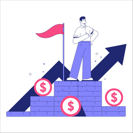 Man Standing On Financial Podium With Rising Arrow And Dollar Symbols In Flat Vector Illustration Symbolizing Success, Leadership, And Wealth, Isolated On White Background.のイラスト素材