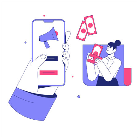 Mobile Advertisement And Female Shopper In Flat Vector Illustration Symbolizing Online Marketing, Promotions, And Digital Transactions, Isolated On White Background.のイラスト素材