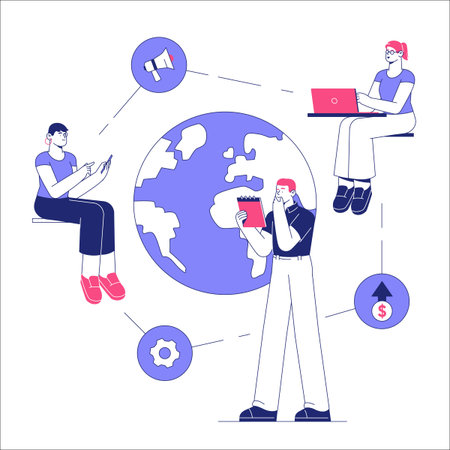 Global Team Collaboration With Digital Tools And Marketing Icons Representing Business Workflow And Strategy In Flat Vector Illustration Symbolizing Connectivity And Innovation, Isolated On White Backgroundのイラスト素材