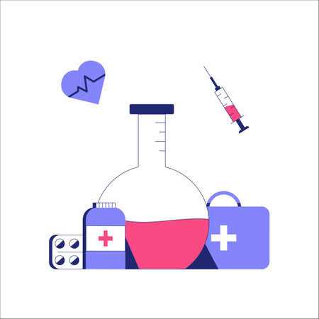 Medical Tools And Supplies In Flat Vector Illustration Symbolizing Healthcare, Medicine, And First Aid, Isolated On White Backgroundのイラスト素材