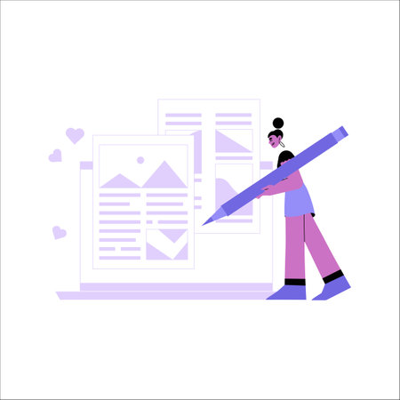 Woman Writing Content With Oversized Pencil And Documents On Laptop In Flat Vector Illustration Symbolizing Content Creation, Writing Skills, And Creativity, Isolated On White Backgroundのイラスト素材