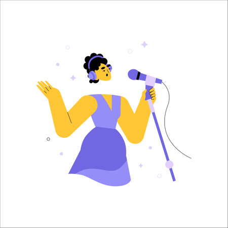 Female Singer Holding Microphone Performing On Stage In Flat Vector Illustration Symbolizing Music, Singing, And Entertainment, Isolated On White Backgroundのイラスト素材