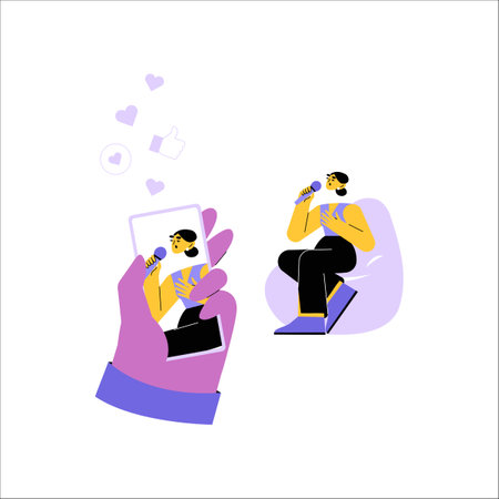 Female Musical Content Creator Singing And Recording On Smartphone. Flat Vector Illustration Of Digital Entertainment, Music Creation, Social Media Engagement. Isolated On White Background.のイラスト素材