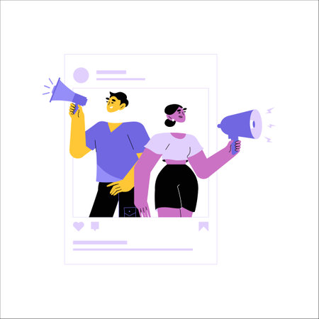 Male And Female Influencers With Megaphones In Social Media Post Frame. Flat Vector Illustration Of Online Marketing, Brand Awareness, And Digital Communication, Isolated On White Backgroundのイラスト素材