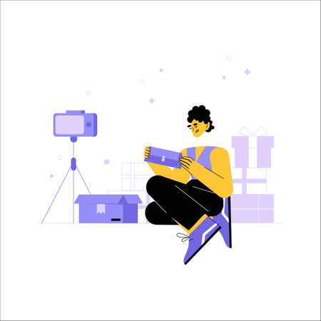 Male Unboxing Product In Flat Vector Illustration Symbolizing Online Shopping, Product Reviews, And Unboxing Experience, Isolated On White Backgroundのイラスト素材