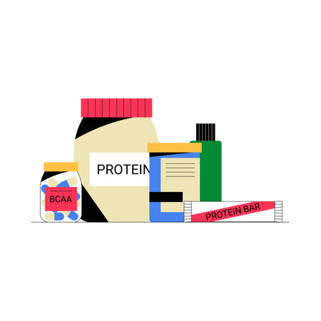 Protein And Nutritional Supplements In Flat Vector Illustration Symbolizing Health, Fitness, And Wellness, Isolated On White Background.のイラスト素材