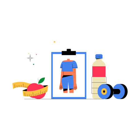 Fitness Planner With Dumbbells, Apple, Measuring Tape, And Water Bottle. Flat Vector Illustration Symbolizing Health Tracking, Diet Planning, And Fitness Goals, Isolated On White Backgroundのイラスト素材