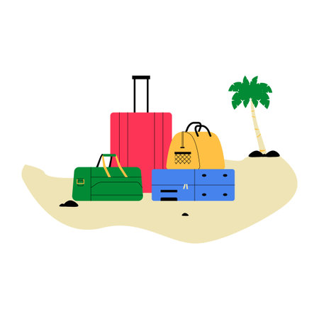 Luggage On A Beach In Flat Vector Illustration Symbolizing Travel, Vacation, And Adventure, Isolated On White Background.のイラスト素材