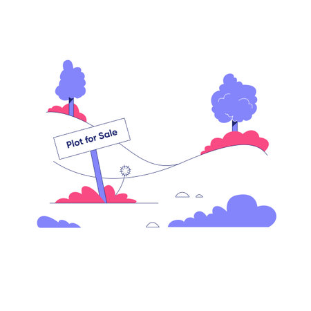 Plot For Sale Sign On Scenic Landscape With Trees And Rolling Hills In Flat Vector Illustration Symbolizing Real Estate Opportunities And Land Ownership, Isolated On White Backgroundのイラスト素材