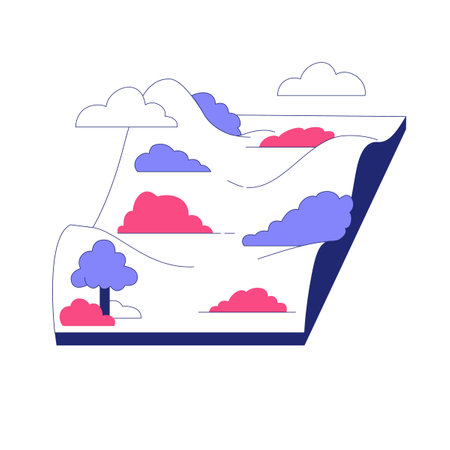 Folded Map With Clouds And Trees In Flat Vector Illustration Symbolizing Exploration, Navigation, And Adventure, Isolated On White Background.のイラスト素材