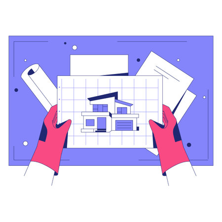 Architectural Blueprint With House Design In Flat Vector Illustration Symbolizing Construction...