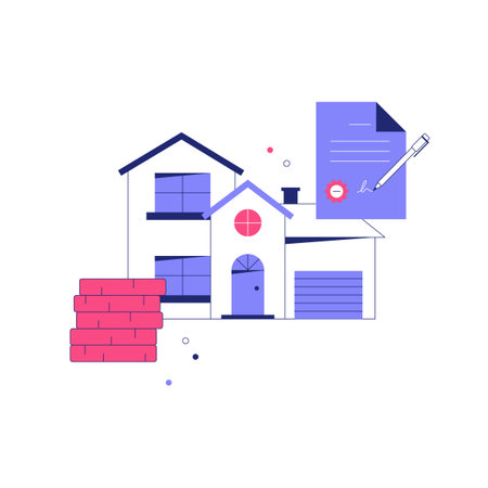 Residential Property With Loan Document And Coins In Flat Vector Illustration Symbolizing Mortgage Approval, Housing Investment, And Real Estate, Isolated On White Backgroundのイラスト素材