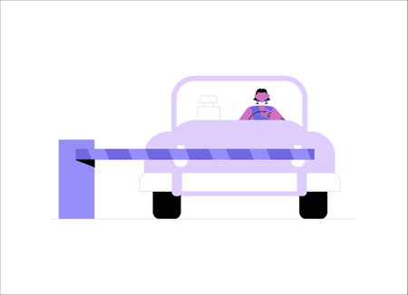Toll Booth And Car In Flat Vector Illustration Symbolizing Road Travel, Payment Systems, And Transportation, Isolated On White Background.のイラスト素材