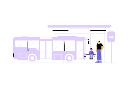 Public Bus At Bus Stop With Two Characters In Flat Vector Illustration Symbolizing Urban Commuting And Public Transportation, Isolated On White Backgroundのイラスト素材