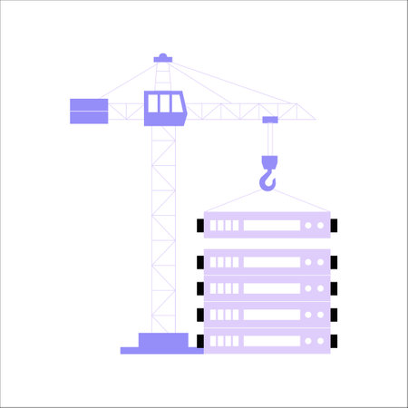 Construction Crane And Server Stack In Flat Vector Illustration Symbolizing Data Infrastructure, Hosting, And Cloud Computing, Isolated On White Background.のイラスト素材
