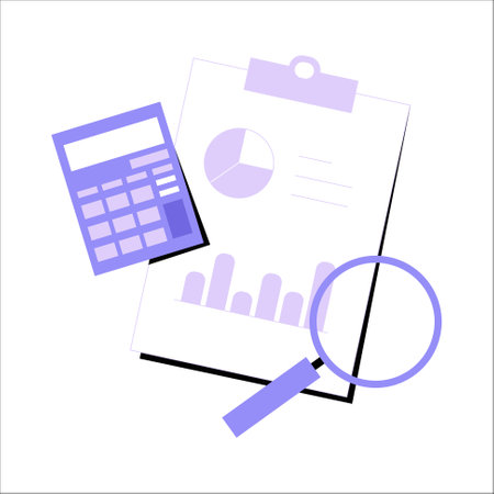 Calculator And Clipboard With Magnifying Glass In Flat Vector Illustration Symbolizing Business Analysis, Accounting, And Financial Reporting, Isolated On White Backgroundのイラスト素材