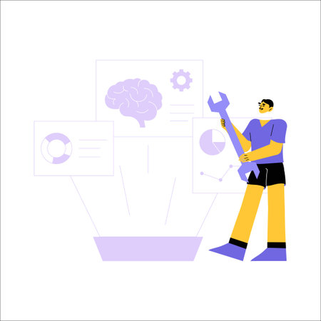 Male Engineer With Wrench In Flat Vector Illustration Symbolizing Technology, Artificial Intelligence, And Innovation, Isolated On White Backgroundのイラスト素材