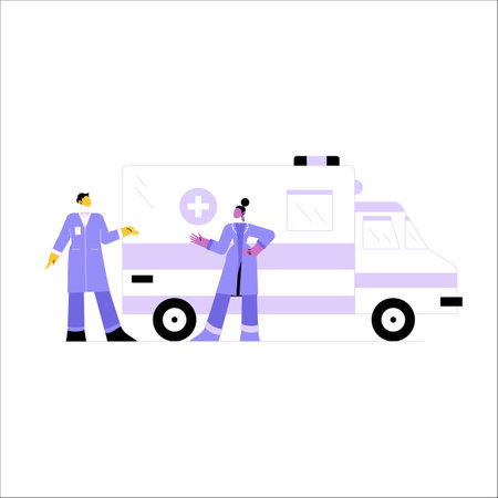 Medical Professionals With Ambulance In Flat Vector Illustration Symbolizing Emergency Services, Healthcare, And Support, Isolated On White Backgroundのイラスト素材