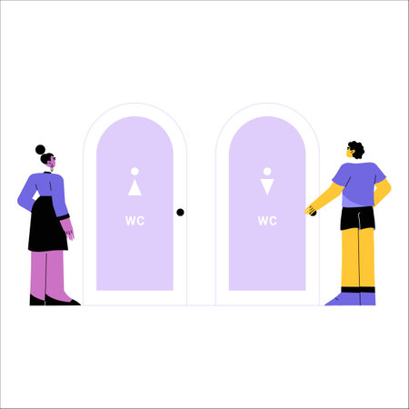 Male And Female Standing At Restroom Doors In Flat Vector Illustration Symbolizing Gender Specific Facilities, Hygiene, And Public Convenience, Isolated On White Background.のイラスト素材