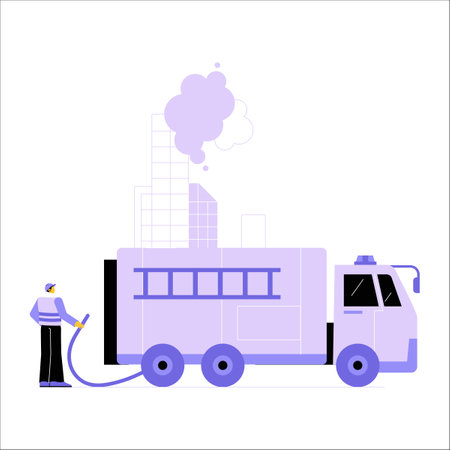 Fire Truck Connected To Hydrant With Firefighter In Flat Vector Illustration Symbolizing Rescue Operations, Emergency Response, And Safety, Isolated On White Background.のイラスト素材