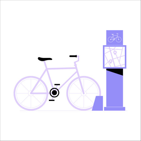 Bicycle And Docking Station With Navigation Map In Flat Vector Illustration Symbolizing Bike Sharing System And Urban Transportation, Isolated On White Backgroundのイラスト素材