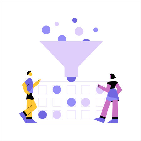 Male And Female Characters Near Funnel In Flat Vector Illustration Symbolizing Data Filtering, Workflow, And Productivity, Isolated On White Backgroundのイラスト素材