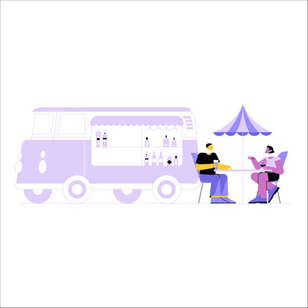Food Truck With A Couple Dining In Flat Vector Illustration Symbolizing Street Food, Outdoor Dining, And Social Interaction, Isolated On White Background.のイラスト素材