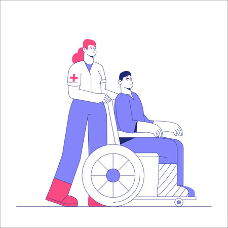 Female Nurse Pushing Male Patient In Wheelchair In Flat Vector Illustration Symbolizing Medical Assistance, Patient Care, And Disability Support, Isolated On White Background.のイラスト素材