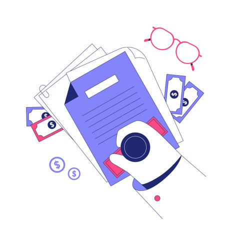 Document Stamping For Loan Approval With Cash And Glasses In Flat Vector Illustration Symbolizing Banking, Official Paperwork, And Financial Transactions, Isolated On White Background.のイラスト素材