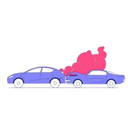 Two Cars In Accident With Smoke, Flat Vector Illustration Symbolizing Traffic Collision, Road Safety, And Insurance, Isolated On White Backgroundのイラスト素材