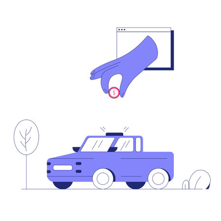 Hand Dropping Coin Into Car, Flat Vector Illustration Symbolizing Car Loan, Automotive Finance, And Investment, Isolated On White Backgroundのイラスト素材