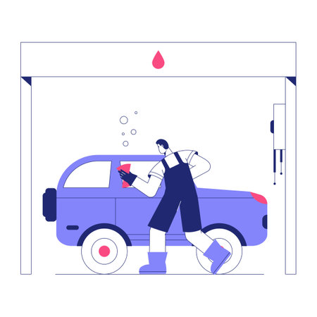 Male Worker Washing Car In Flat Vector Illustration Symbolizing Vehicle Cleaning, Professional Service, And Car Maintenance, Isolated On White Backgroundのイラスト素材