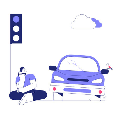 Male Character Sitting Beside Car Near Traffic Light In Flat Vector Illustration Symbolizing Relaxation And Urban Setting, Isolated On White Backgroundのイラスト素材