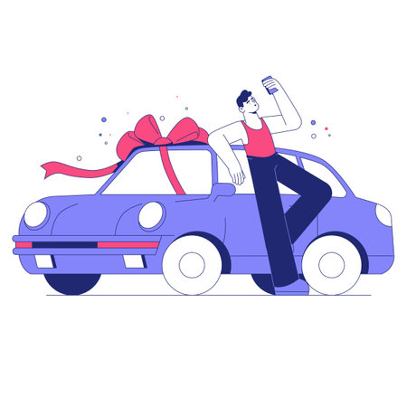 Man Leaning On A Car With A Big Red Bow In Flat Vector Illustration Symbolizing Gift, Celebration, And Car Ownership, Isolated On White Background.のイラスト素材