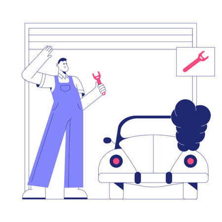 Male Mechanic Holding A Wrench Next To A Smoking Car In Flat Vector Illustration Symbolizing Auto Repair, Garage Services, And Vehicle Maintenance, Isolated On White Background.のイラスト素材