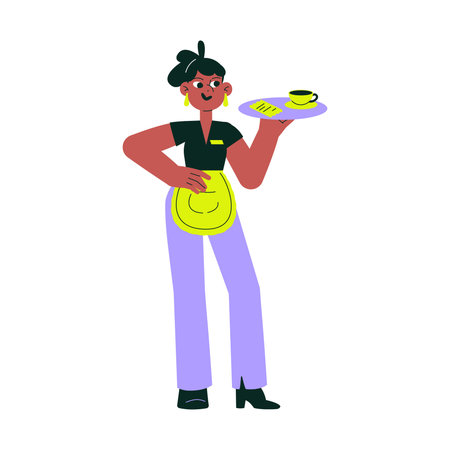 Female Waitress Holding A Tray With Tea And Receipt In Flat Vector Illustration Symbolizing Hospitality And Cafe Service, Isolated On White Backgroundのイラスト素材