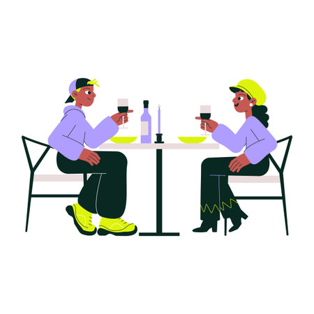 Couple Dining At A Table In Flat Vector Illustration Symbolizing Romance, Fine Dining, And Togetherness, Isolated On White Background.のイラスト素材